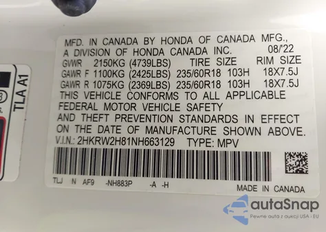 2022 Honda Cr-V Awd Ex-L from USA, damaged, VIN 2HKRW2H81NH663129